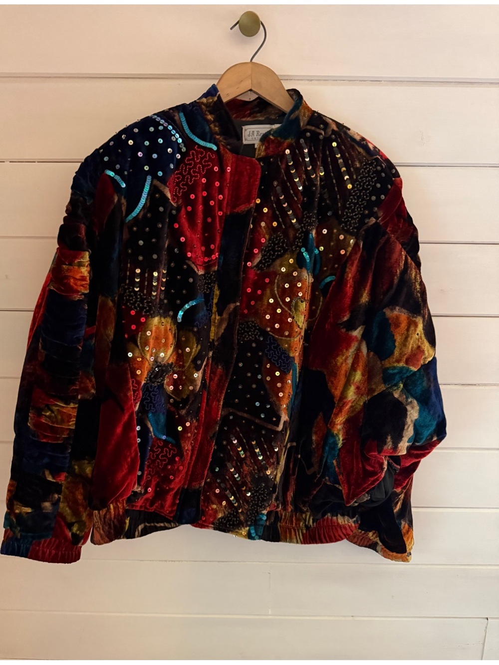 VINTAGE 80s JA Resort Velvet Sequin Beaded Bomber Jacket Quilt Sz XS Maximalist